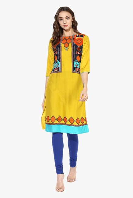 Juniper Yellow Printed Rayon Kurta Juniper Yellow Printed Rayon Kurta