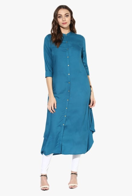 Juniper Teal Band Neck Rayon Kurta Juniper Teal Band Neck Rayon Kurta