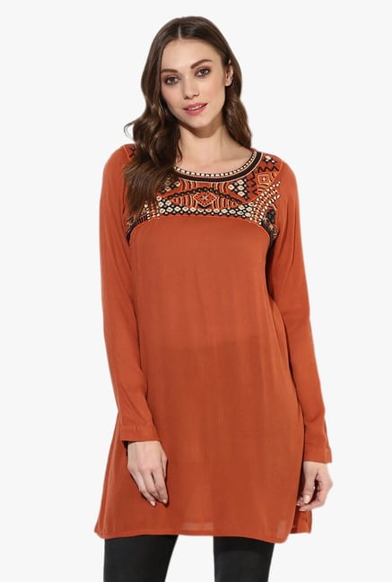 Juniper Brown Embroidered Rayon Kurti Juniper Brown Embroidered Rayon Kurti