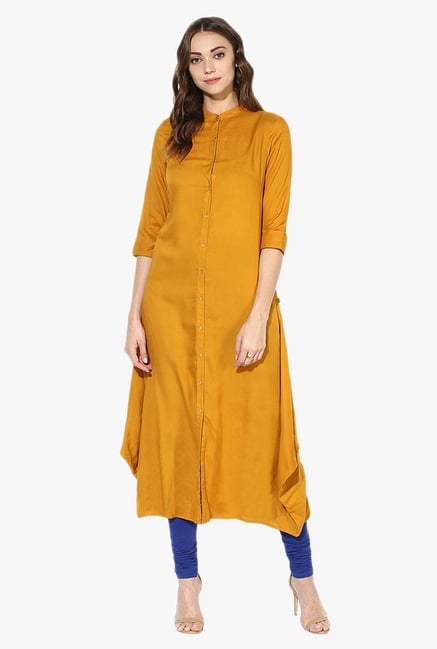 Juniper Mustard Band Neck Rayon Kurta Juniper Mustard Band Neck Rayon Kurta