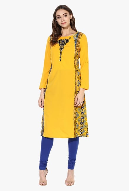 Juniper Yellow Printed Polyester Kurta Juniper Yellow Printed Polyester Kurta