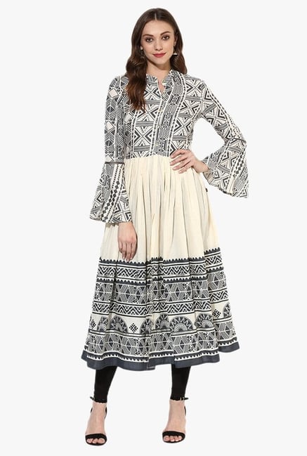 Juniper Grey & Off White Printed Rayon Kurta Juniper Grey & Off White Printed Rayon Kurta
