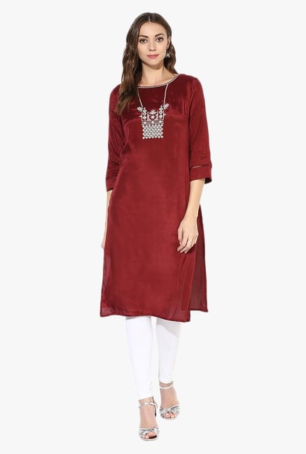Juniper Maroon Embroidered Rayon Kurta Juniper Maroon Embroidered Rayon Kurta