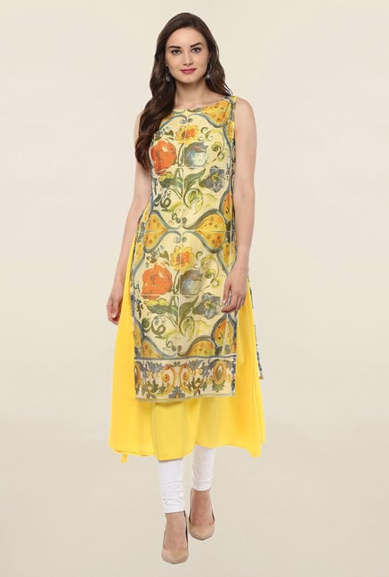 Ahalyaa Yellow Printed Crepe Kurta Ahalyaa Yellow Printed Crepe Kurta