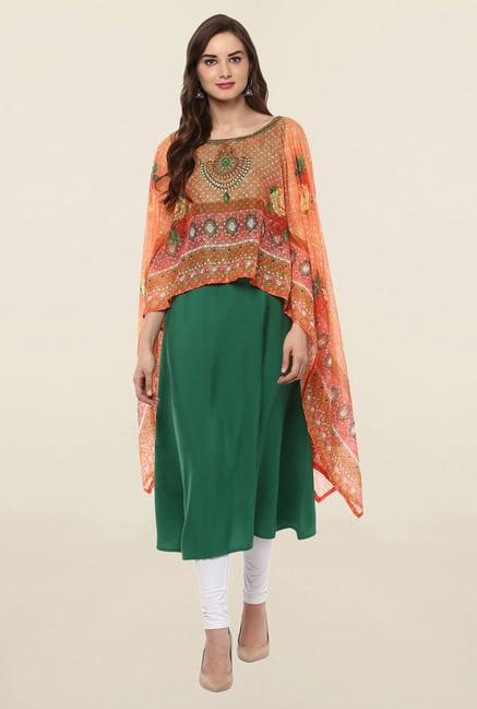 Ahalyaa Green Printed Crepe Dupatta Style Cape Ahalyaa Green Printed Crepe Dupatta Style Cape
