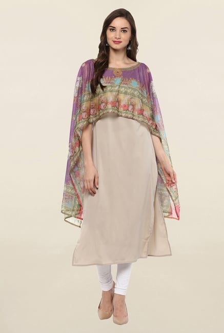 Ahalyaa Beige Printed Crepe Dupatta Style Cape Ahalyaa Beige Printed Crepe Dupatta Style Cape