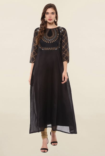 Ahalyaa Black Printed Poly Chanderi Kurta Ahalyaa Black Printed Poly Chanderi Kurta