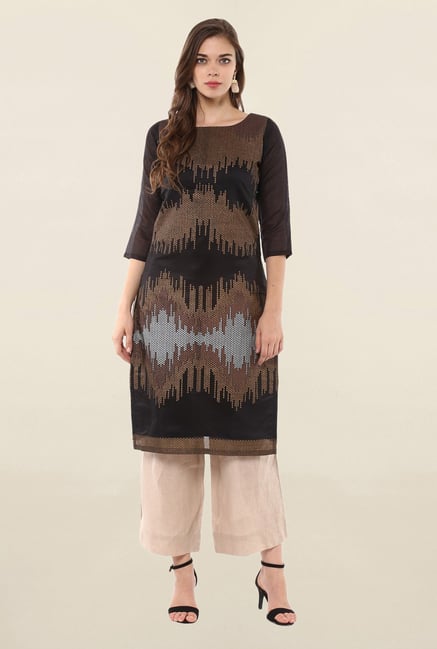 Ahalyaa Black Printed Poly Chanderi Kurta Ahalyaa Black Printed Poly Chanderi Kurta