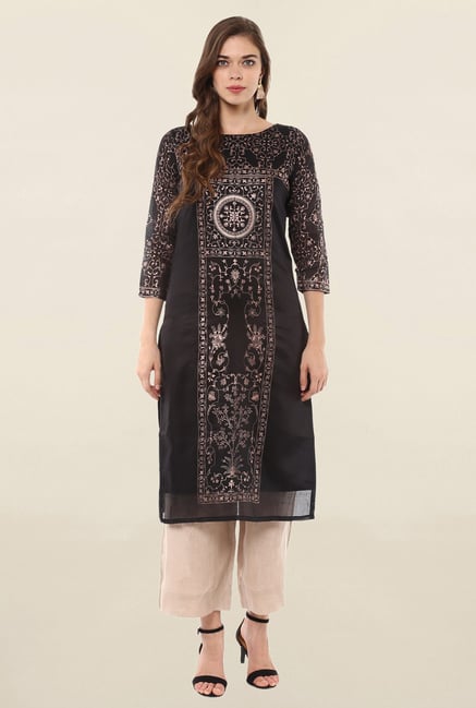 Ahalyaa Black Printed Poly Chanderi Kurta Ahalyaa Black Printed Poly Chanderi Kurta