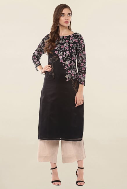 Ahalyaa Black Floral Print Poly Chanderi Kurta Ahalyaa Black Floral Print Poly Chanderi Kurta