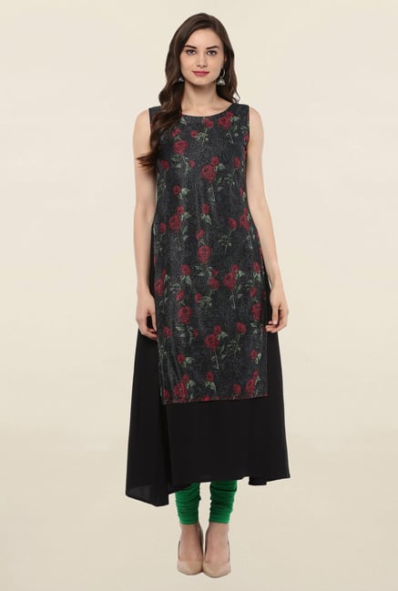 Ahalyaa Black Floral Print Crepe Kurta Ahalyaa Black Floral Print Crepe Kurta