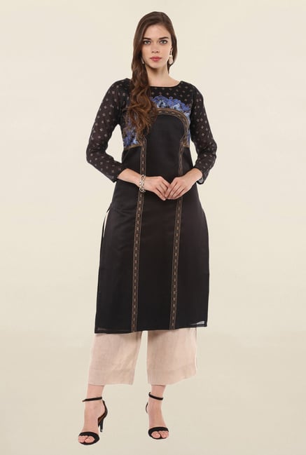 Ahalyaa Black Printed Poly Chanderi Kurta Ahalyaa Black Printed Poly Chanderi Kurta