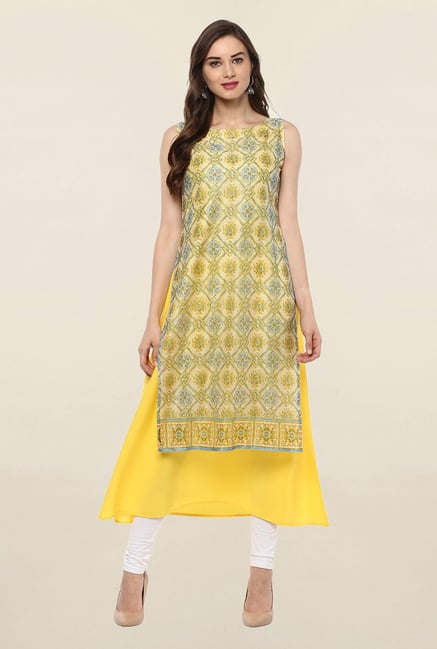 Ahalyaa Yellow Printed Crepe Kurta Ahalyaa Yellow Printed Crepe Kurta