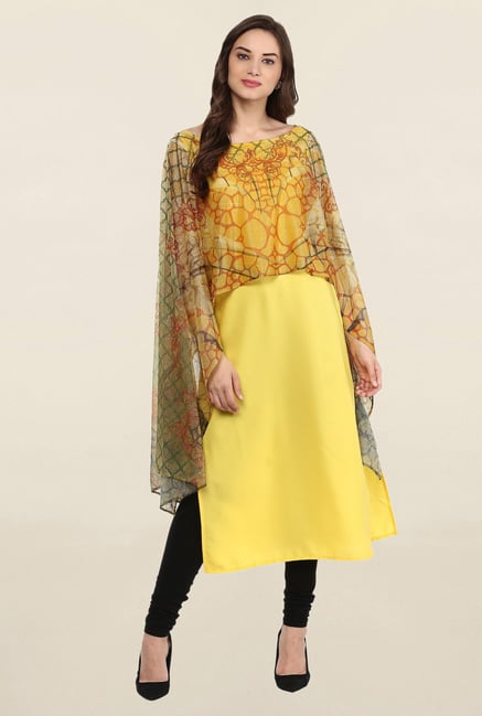 Ahalyaa Yellow Printed Crepe Dupatta Style Cape Ahalyaa Yellow Printed Crepe Dupatta Style Cape