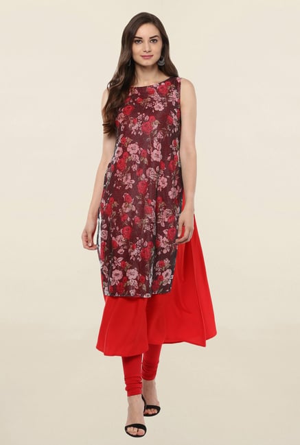 Ahalyaa Red Floral Print Crepe Kurta Ahalyaa Red Floral Print Crepe Kurta