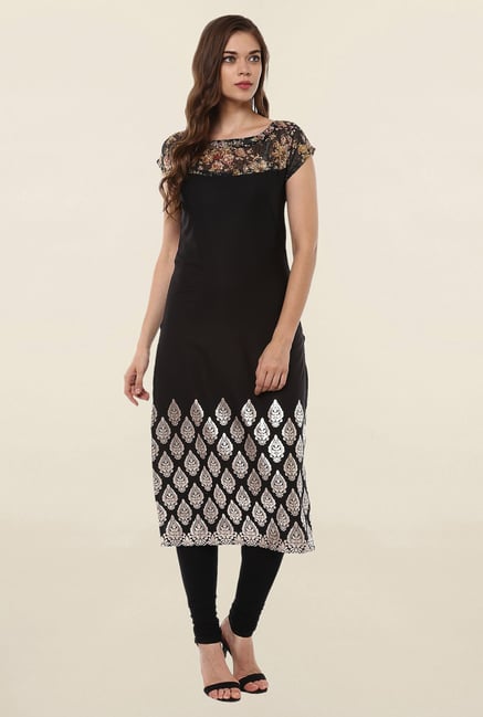 Ahalyaa Black Floral Print Crepe Kurta Ahalyaa Black Floral Print Crepe Kurta