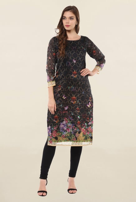 Ahalyaa Black Printed Poly Chanderi Kurta Ahalyaa Black Printed Poly Chanderi Kurta