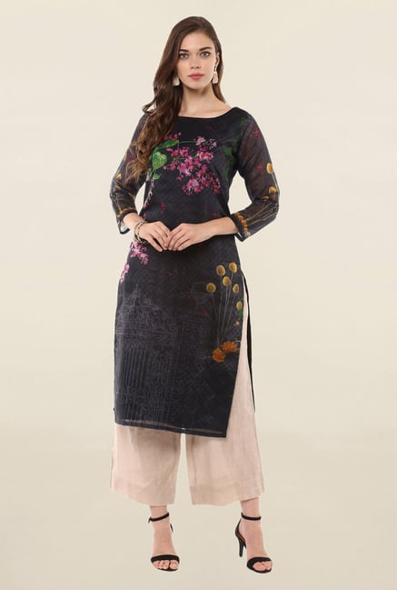 Ahalyaa Black Printed Poly Chanderi Kurta Ahalyaa Black Printed Poly Chanderi Kurta