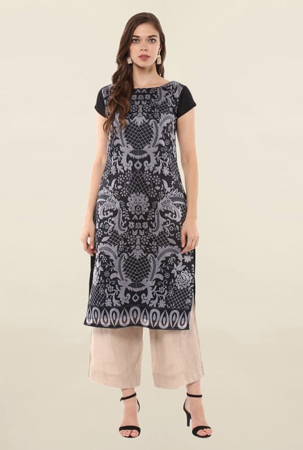 Ahalyaa Black Printed Poly Chanderi Kurta Ahalyaa Black Printed Poly Chanderi Kurta
