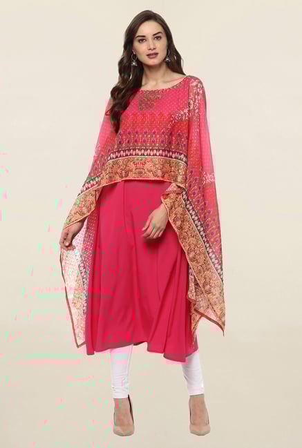 Ahalyaa Pink Printed Crepe Dupatta Style Cape Ahalyaa Pink Printed Crepe Dupatta Style Cape