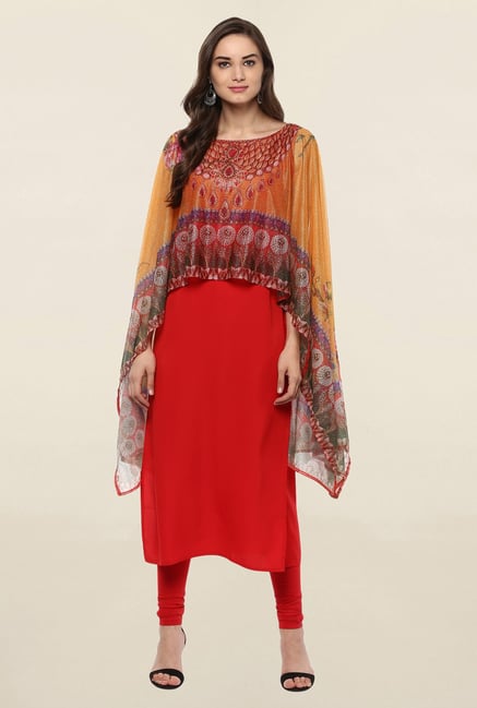 Ahalyaa Red Printed Crepe Dupatta Style Cape Ahalyaa Red Printed Crepe Dupatta Style Cape