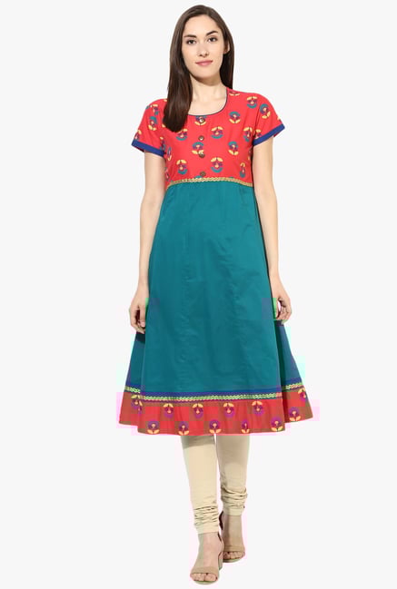 Mytri Teal & Red Printed Anarkali Kurta Mytri Teal & Red Printed Anarkali Kurta