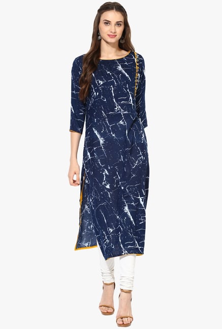 Mytri Navy Printed Rayon Kurta Mytri Navy Printed Rayon Kurta