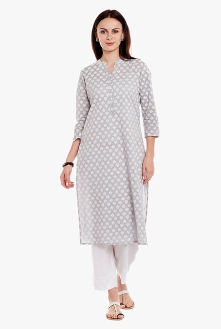 Varanga Grey & White Printed Cotton Kurta With Pant Varanga Grey & White Printed Cotton Kurta With Pant