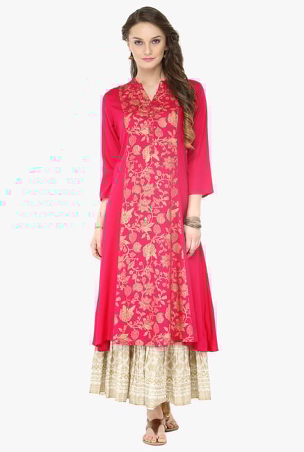 Varanga Pink & Gold Printed Rayon Kurta With Palazzo Varanga Pink & Gold Printed Rayon Kurta With Palazzo