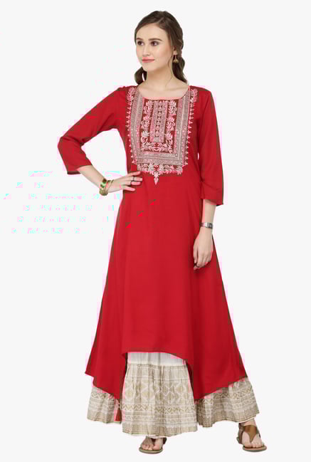 Varanga Red & White Embroidered Rayon Kurta With Palazzo Varanga Red & White Embroidered Rayon Kurta With Palazzo