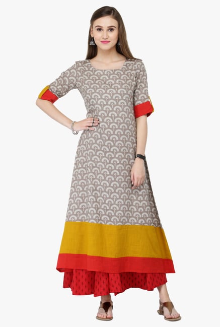 Varanga Grey & Red Printed Cotton Kurta With Palazzo Varanga Grey & Red Printed Cotton Kurta With Palazzo
