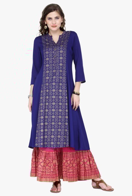 Varanga Blue & Pink Printed Cotton Kurta With Palazzo Varanga Blue & Pink Printed Cotton Kurta With Palazzo