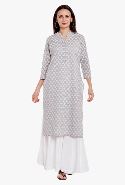 Varanga Grey & White Printed Cotton Kurta With Palazzo Varanga Grey & White Printed Cotton Kurta With Palazzo