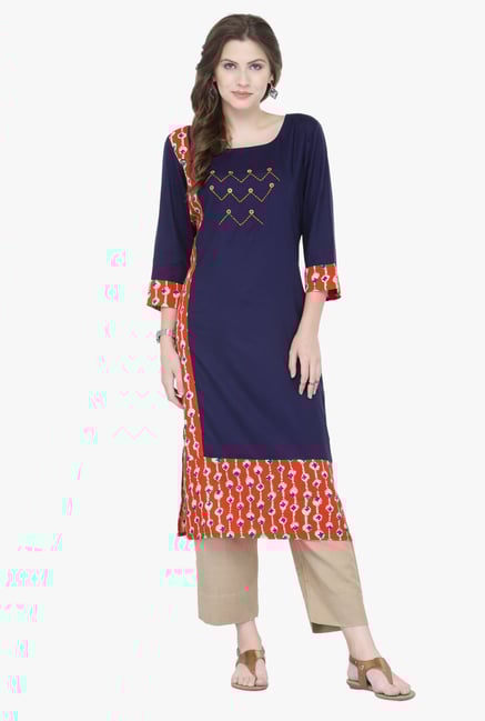 Varanga Blue Embroidered Rayon Kurta Varanga Blue Embroidered Rayon Kurta