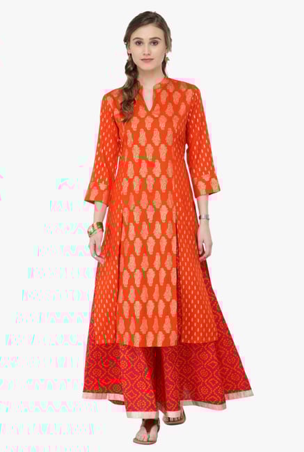 Varanga Orange & Pink Printed Rayon Kurta With Palazzo Varanga Orange & Pink Printed Rayon Kurta With Palazzo