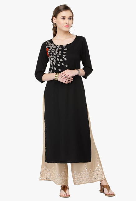 Varanga Black & Beige Embroidered Rayon Kurta With Palazzo Varanga Black & Beige Embroidered Rayon Kurta With Palazzo