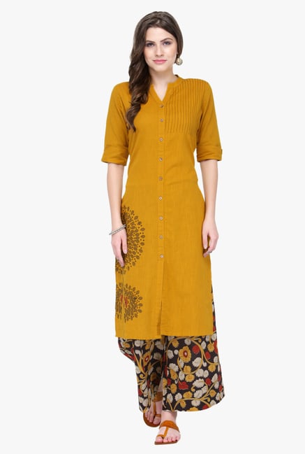 Varanga Mustard Embroidered Rayon Kurta With Palazzo Varanga Mustard Embroidered Rayon Kurta With Palazzo