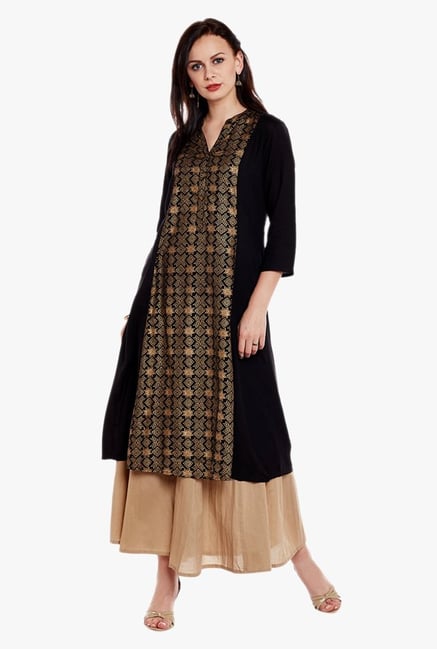 Varanga Black & Beige Printed Kurta With Palazzo Varanga Black & Beige Printed Kurta With Palazzo