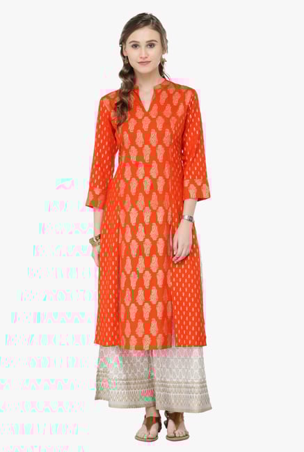 Varanga Orange & White Printed Rayon Kurta With Palazzo Varanga Orange & White Printed Rayon Kurta With Palazzo