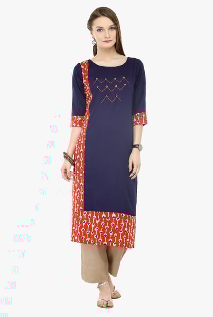 Varanga Blue & Beige Embroidered Cotton Kurta With Palazzo Varanga Blue & Beige Embroidered Cotton Kurta With Palazzo