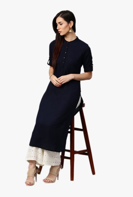 Jaipur Kurti Navy Band Neck Kurta Jaipur Kurti Navy Band Neck Kurta