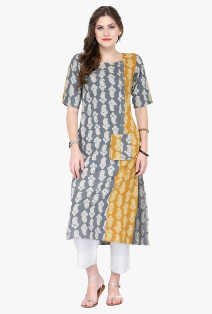 Varanga Grey & White Printed Cotton Kurta With Palazzo Varanga Grey & White Printed Cotton Kurta With Palazzo