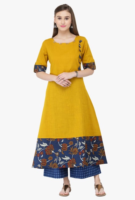 Varanga Mustard & Blue Rayon Kurta With Palazzo Varanga Mustard & Blue Rayon Kurta With Palazzo