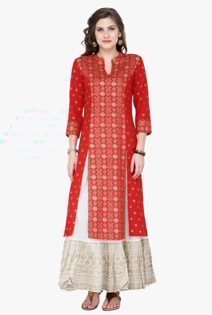 Varanga Red & White Printed Cotton Kurta With Palazzo Varanga Red & White Printed Cotton Kurta With Palazzo