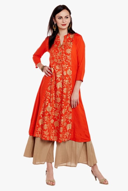 Varanga Orange & Beige Printed Kurta With Palazzo Varanga Orange & Beige Printed Kurta With Palazzo