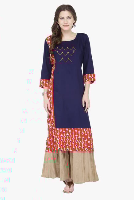 Varanga Blue & Beige Embroidered Rayon Kurta With Palazzo Varanga Blue & Beige Embroidered Rayon Kurta With Palazzo