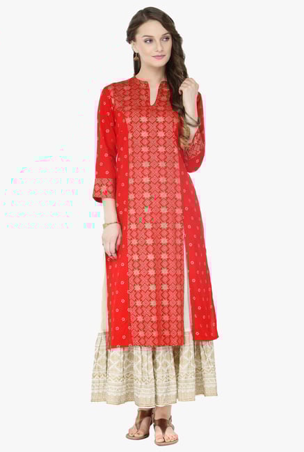 Varanga Orange & White Printed Cotton Kurta With Palazzo Varanga Orange & White Printed Cotton Kurta With Palazzo