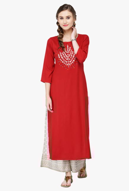 Varanga Red Embroidered Rayon Kurta Varanga Red Embroidered Rayon Kurta