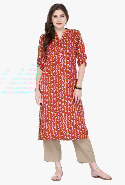 Varanga Red Printed Cotton Kurta Varanga Red Printed Cotton Kurta