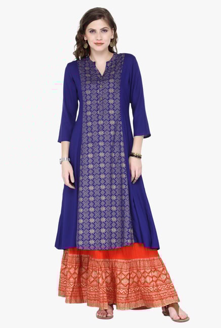 Varanga Blue & Orange Printed Rayon Kurta With Palazzo Varanga Blue & Orange Printed Rayon Kurta With Palazzo